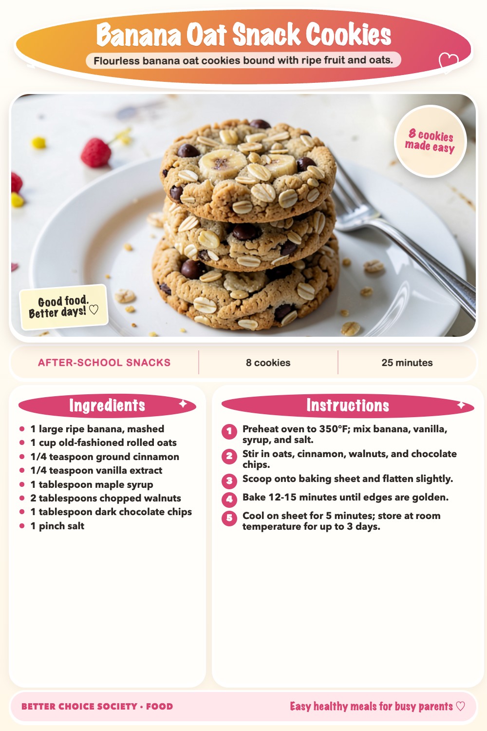 Complete recipe card for Banana Oat Snack Cookies, including ingredients and steps
