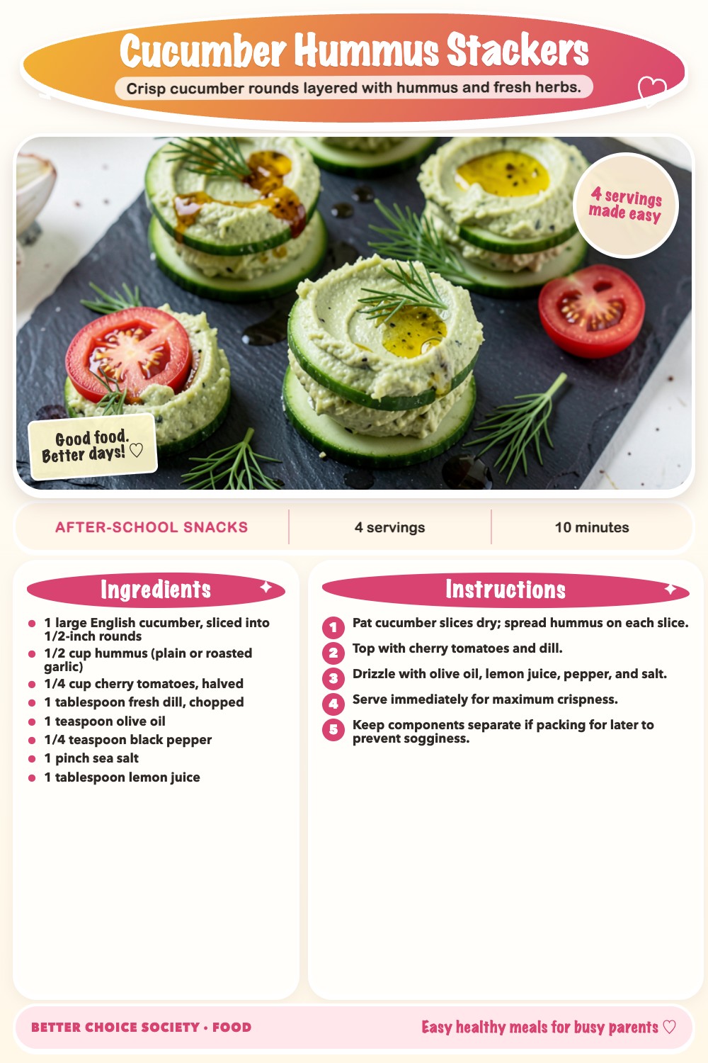 Complete recipe card for Cucumber Hummus Stackers, including ingredients and steps