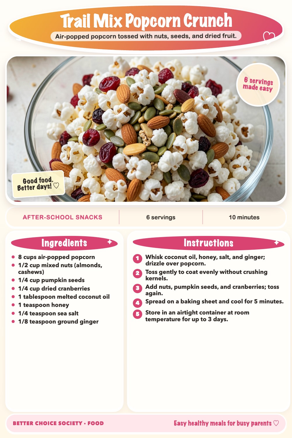 Complete recipe card for Trail Mix Popcorn Crunch, including ingredients and steps