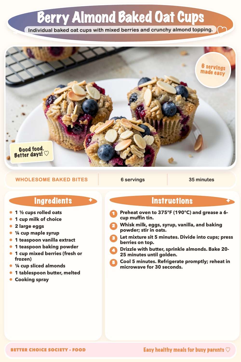 Complete recipe card for Berry Almond Baked Oat Cups, including ingredients and steps