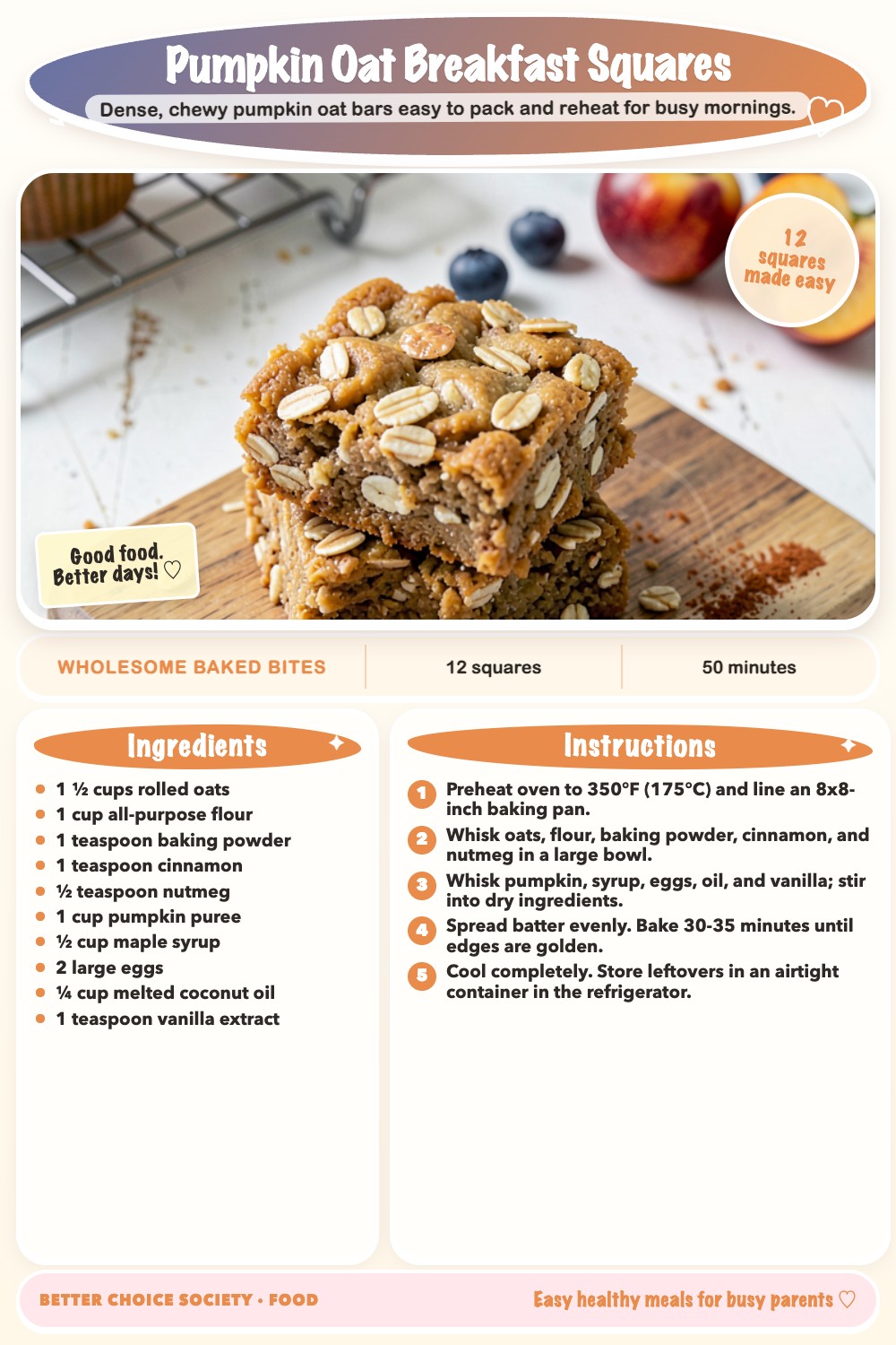 Complete recipe card for Pumpkin Oat Breakfast Squares, including ingredients and steps