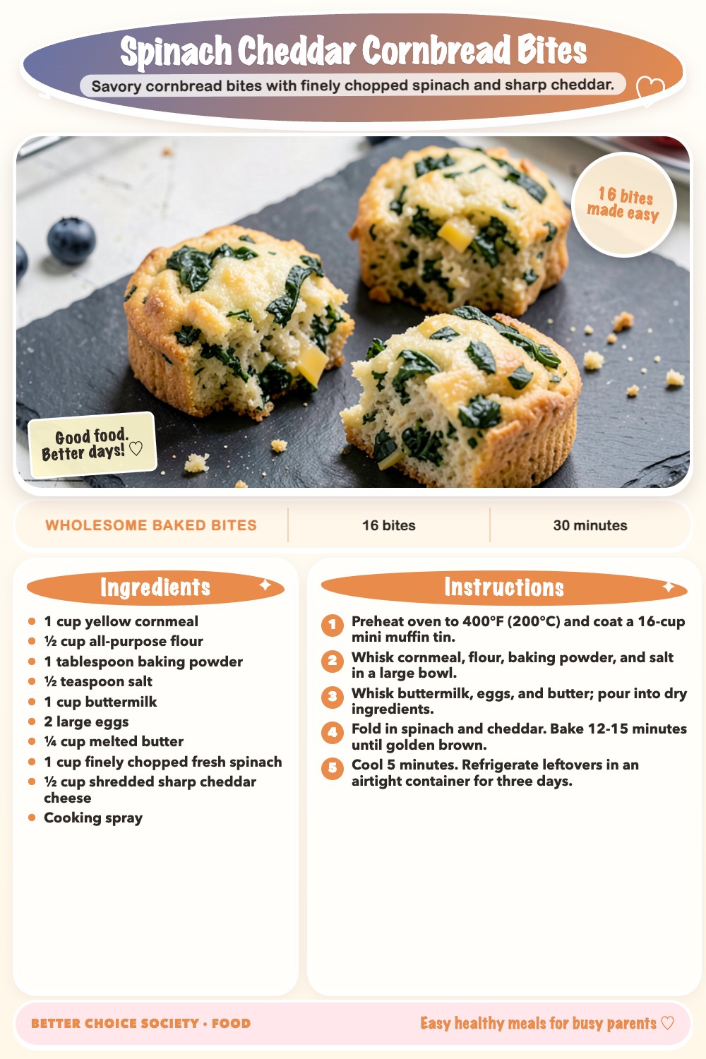 Complete recipe card for Spinach Cheddar Cornbread Bites, including ingredients and steps