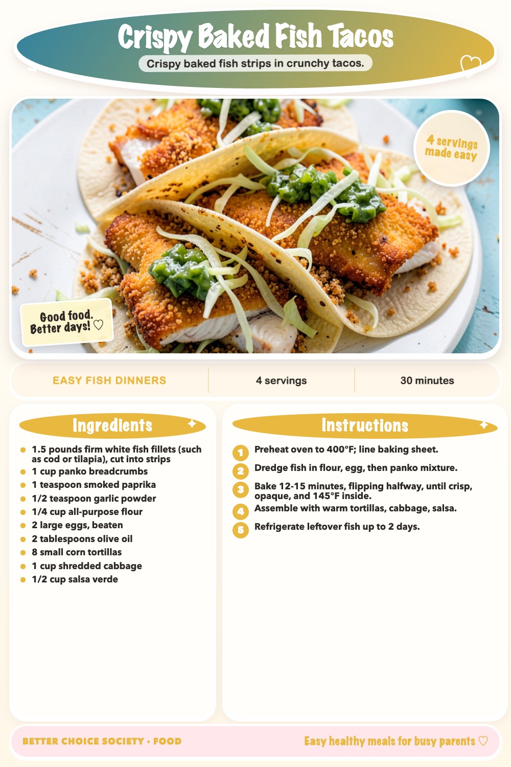 Complete recipe card for Crispy Baked Fish Tacos, including ingredients and steps