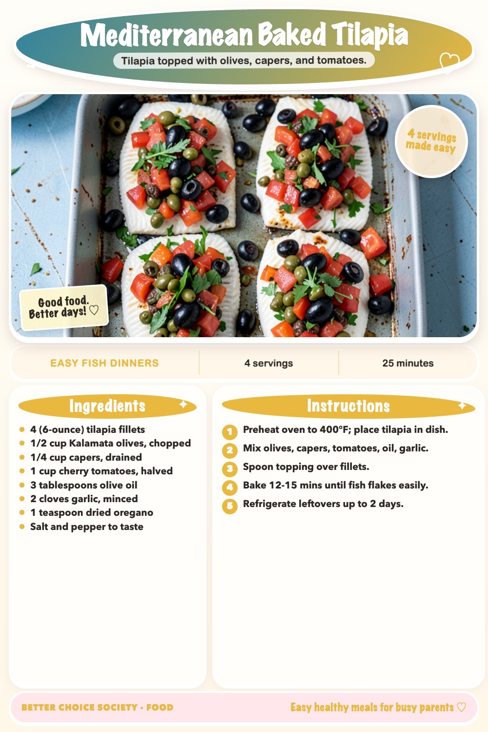 Complete recipe card for Mediterranean Baked Tilapia, including ingredients and steps