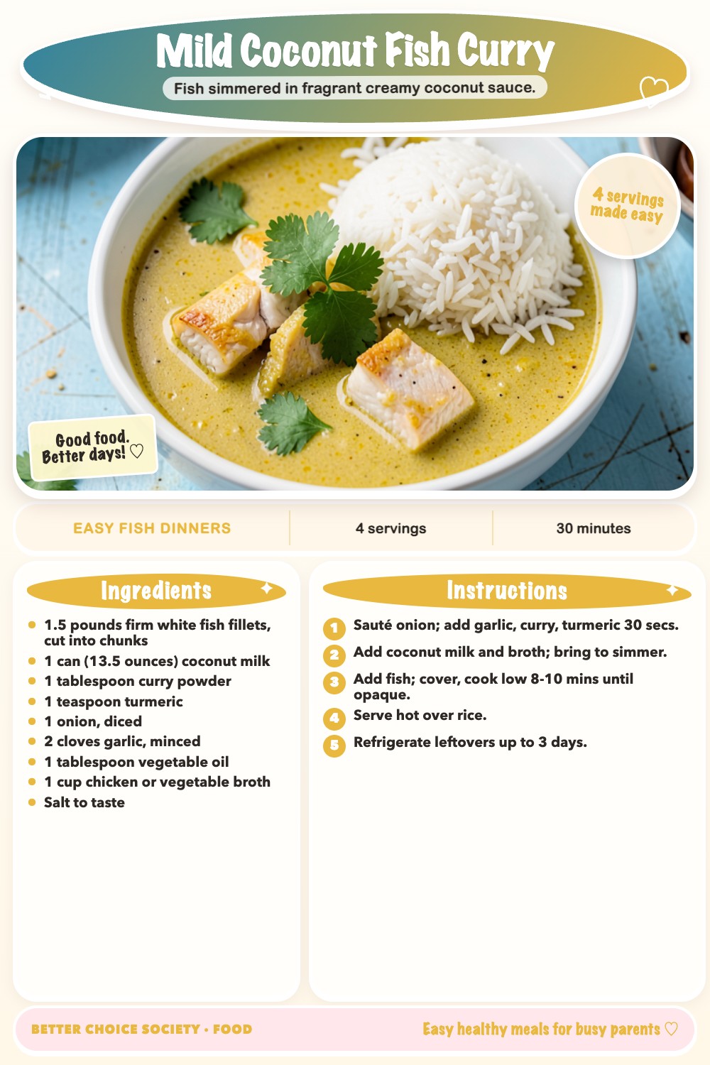 Complete recipe card for Mild Coconut Fish Curry, including ingredients and steps