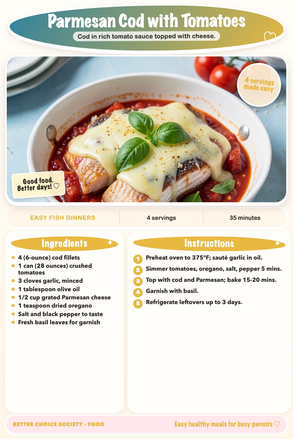 Complete recipe card for Parmesan Cod with Tomatoes, including ingredients and steps