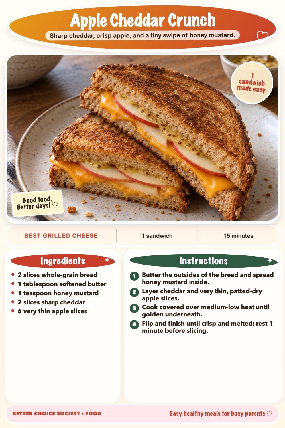 Complete recipe card for Apple Cheddar Crunch, including ingredients and steps