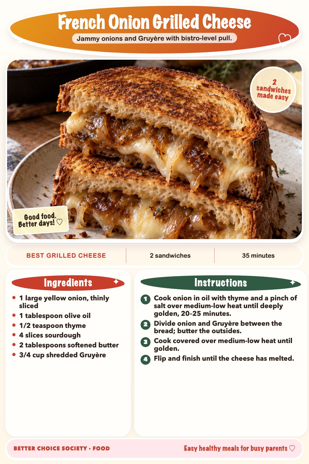 Complete recipe card for French Onion Grilled Cheese, including ingredients and steps
