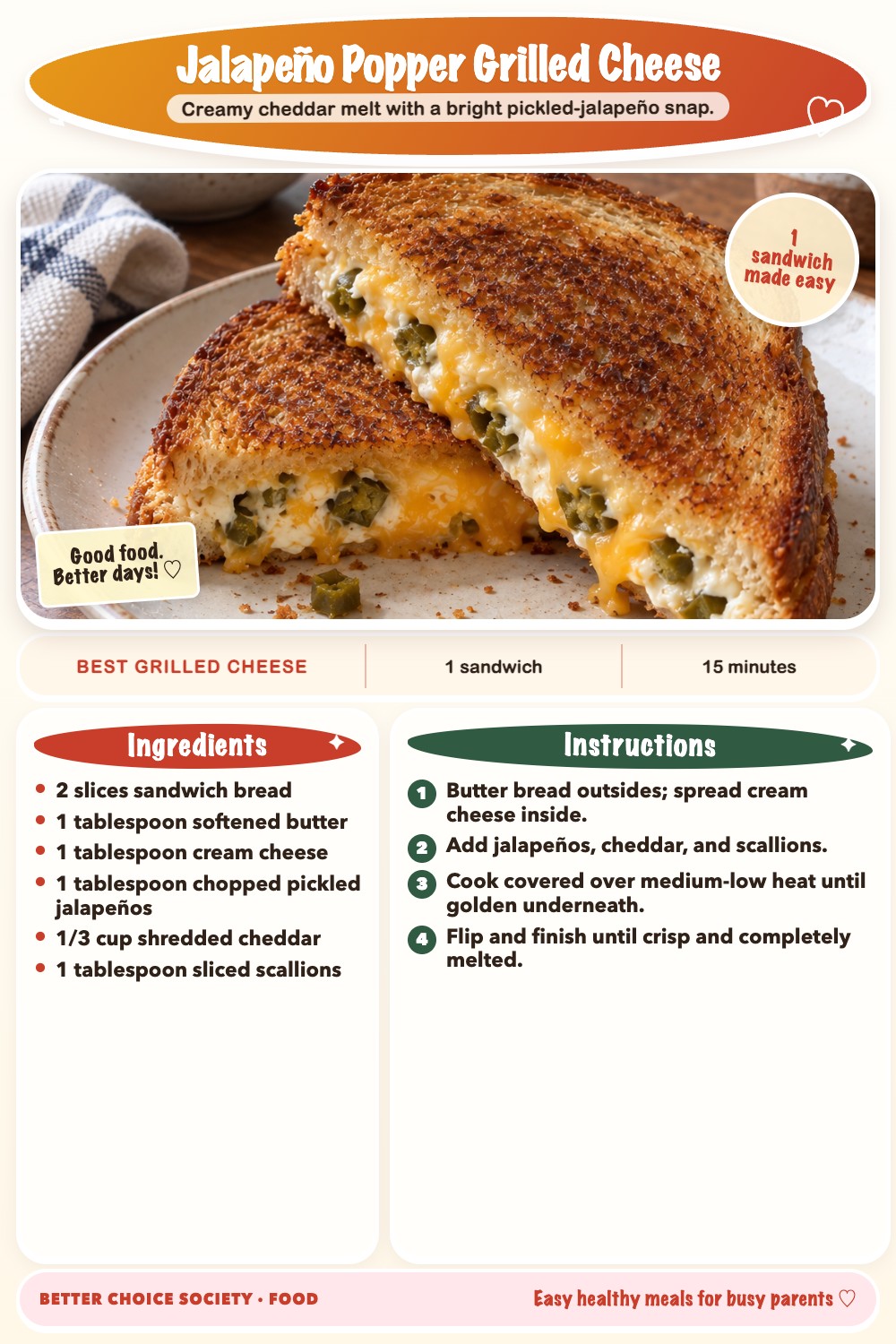 Complete recipe card for Jalapeño Popper Grilled Cheese, including ingredients and steps