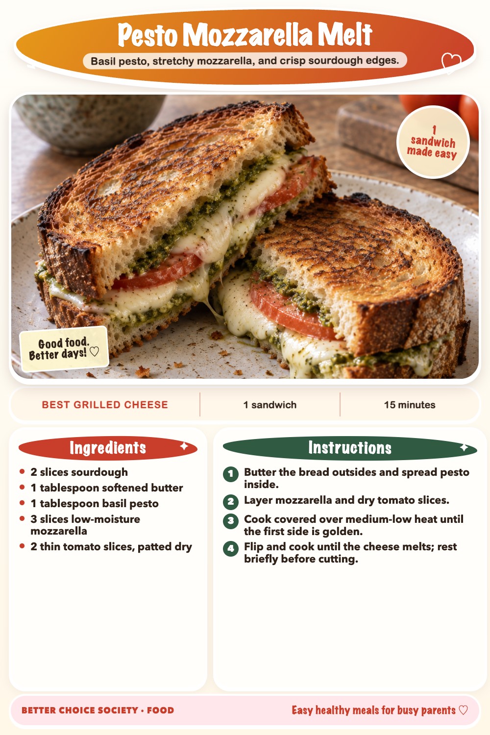 Complete recipe card for Pesto Mozzarella Melt, including ingredients and steps
