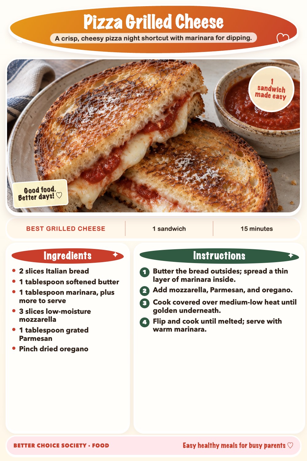 Complete recipe card for Pizza Grilled Cheese, including ingredients and steps