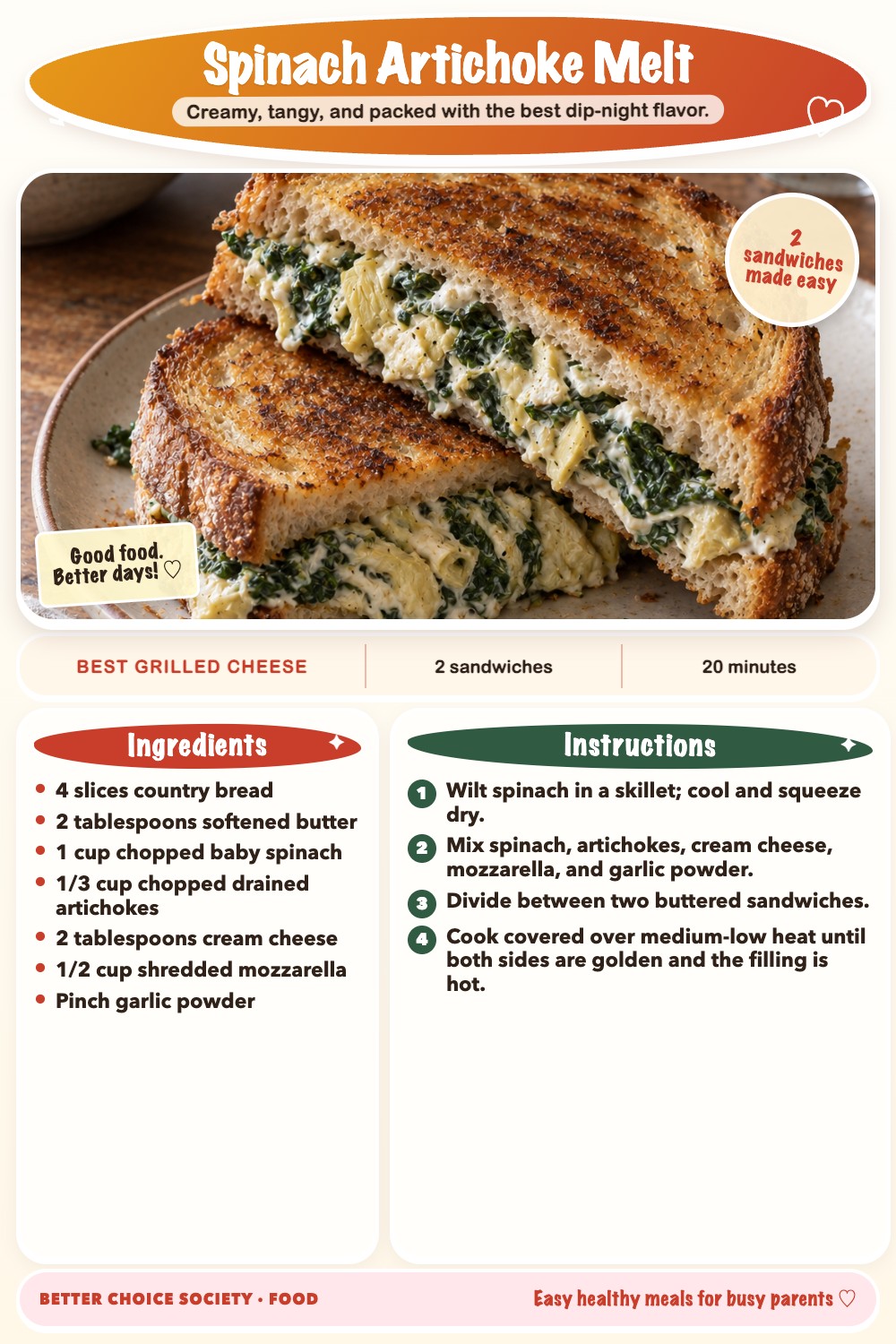 Complete recipe card for Spinach Artichoke Melt, including ingredients and steps