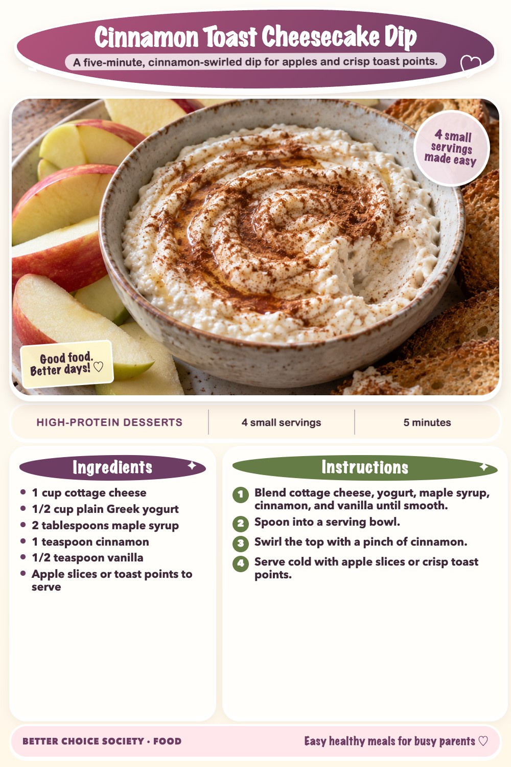 Complete recipe card for Cinnamon Toast Cheesecake Dip, including ingredients and steps