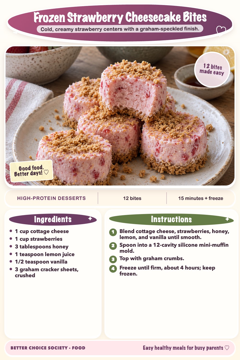 Complete recipe card for Frozen Strawberry Cheesecake Bites, including ingredients and steps