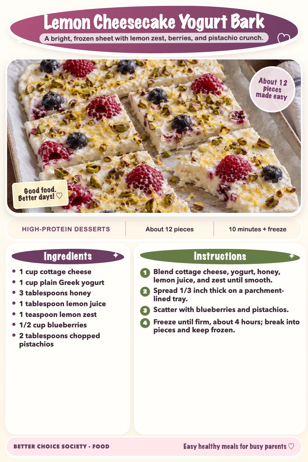 Complete recipe card for Lemon Cheesecake Yogurt Bark, including ingredients and steps