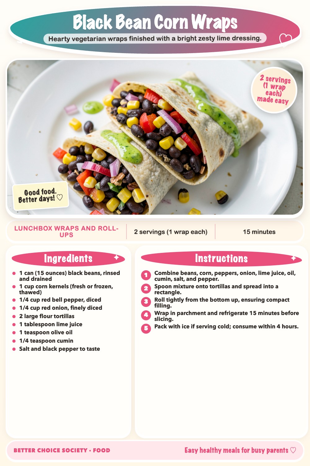 Complete recipe card for Black Bean Corn Wraps, including ingredients and steps