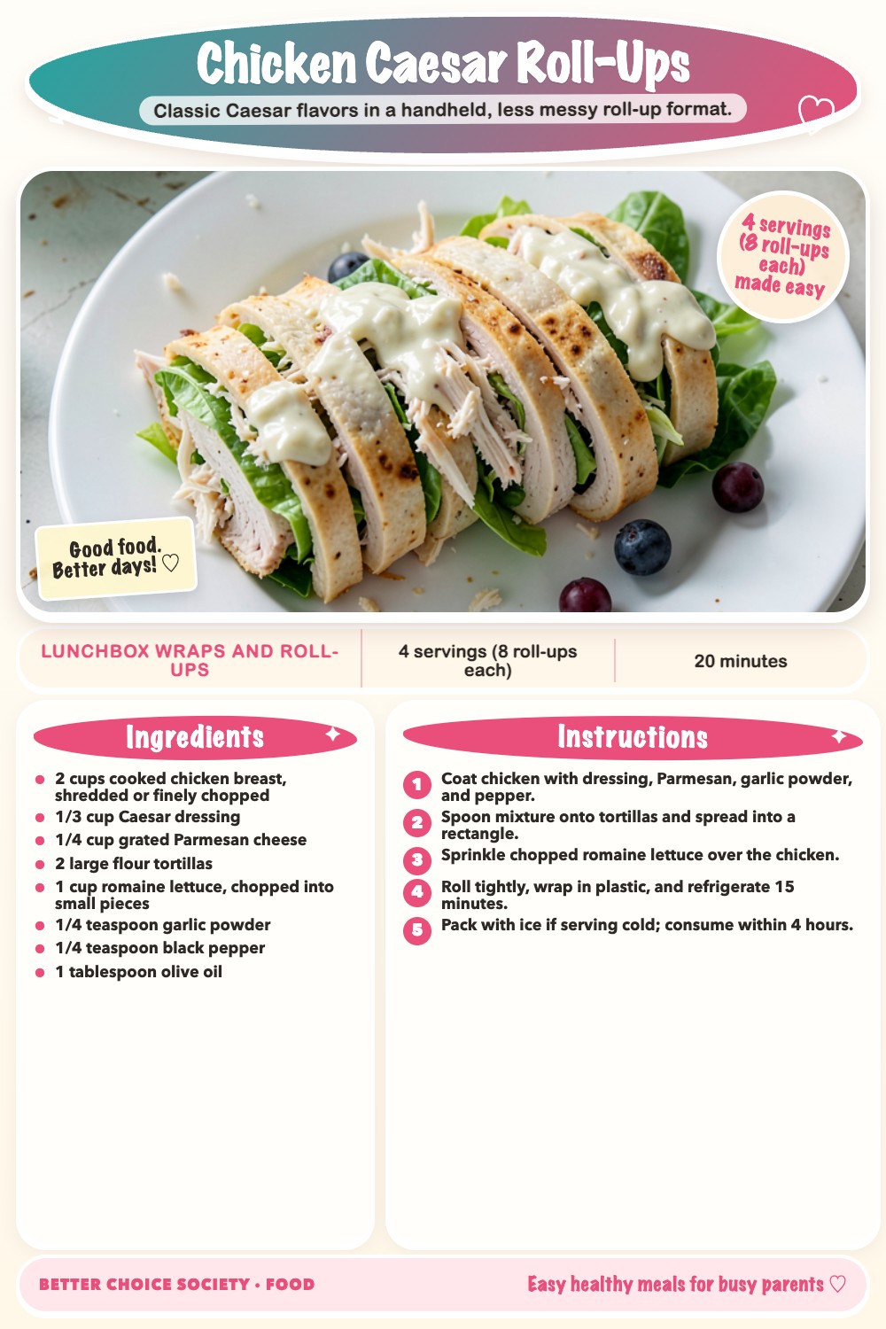 Complete recipe card for Chicken Caesar Roll-Ups, including ingredients and steps