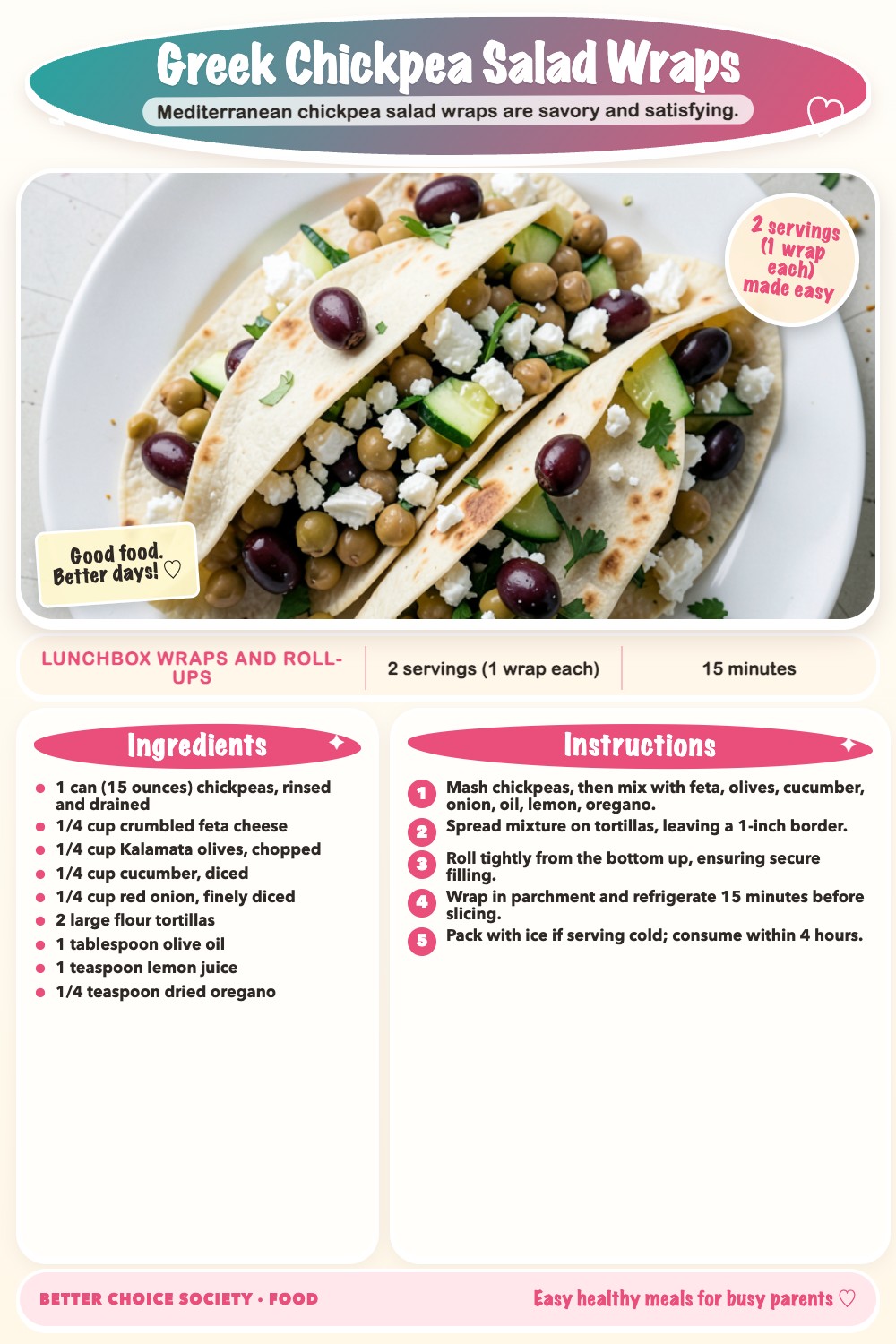Complete recipe card for Greek Chickpea Salad Wraps, including ingredients and steps
