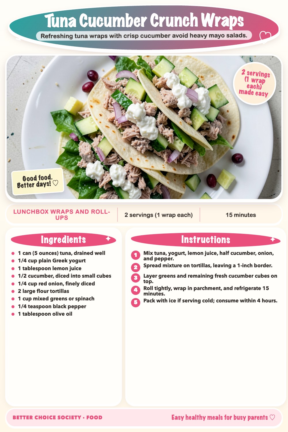 Complete recipe card for Tuna Cucumber Crunch Wraps, including ingredients and steps