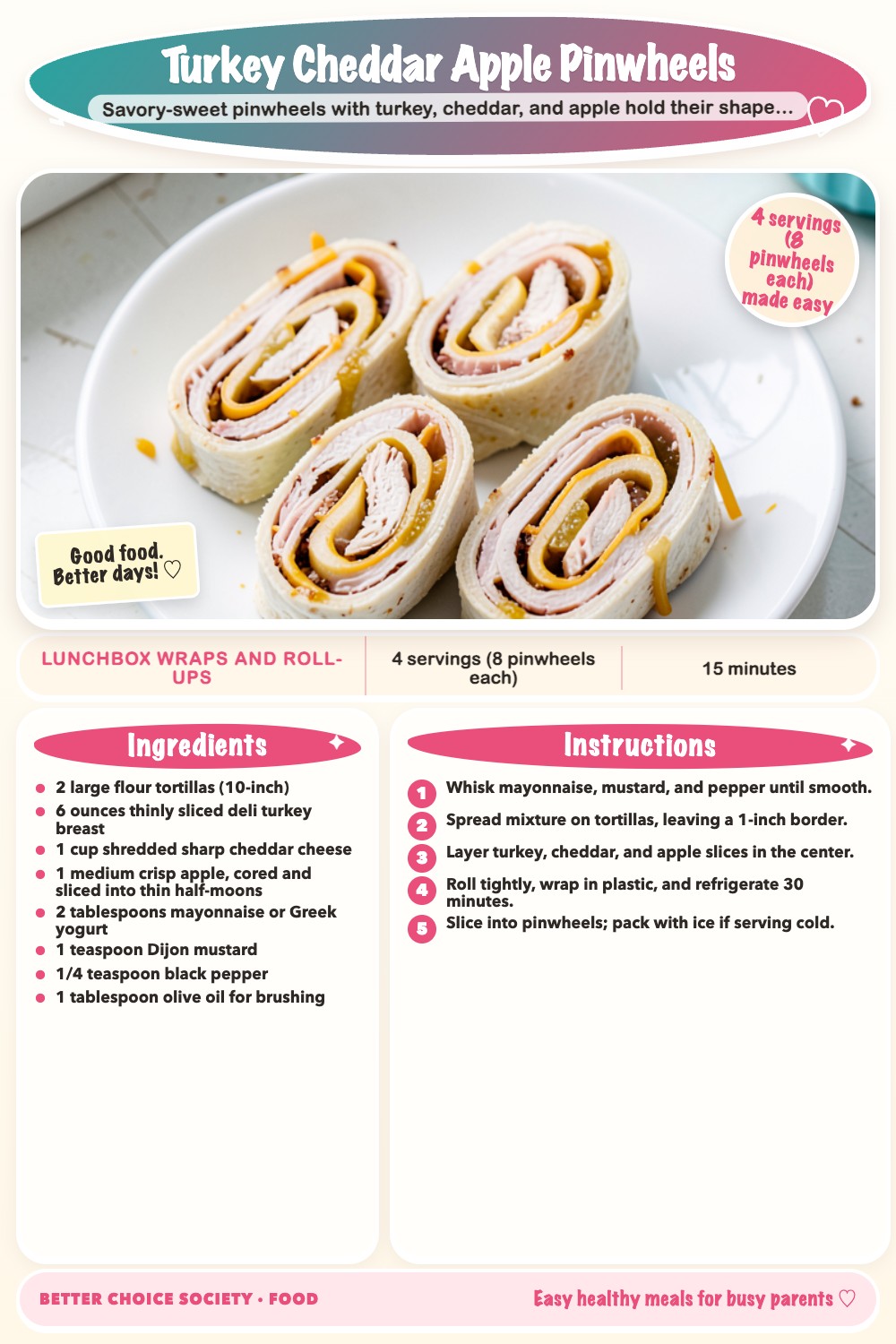 Complete recipe card for Turkey Cheddar Apple Pinwheels, including ingredients and steps