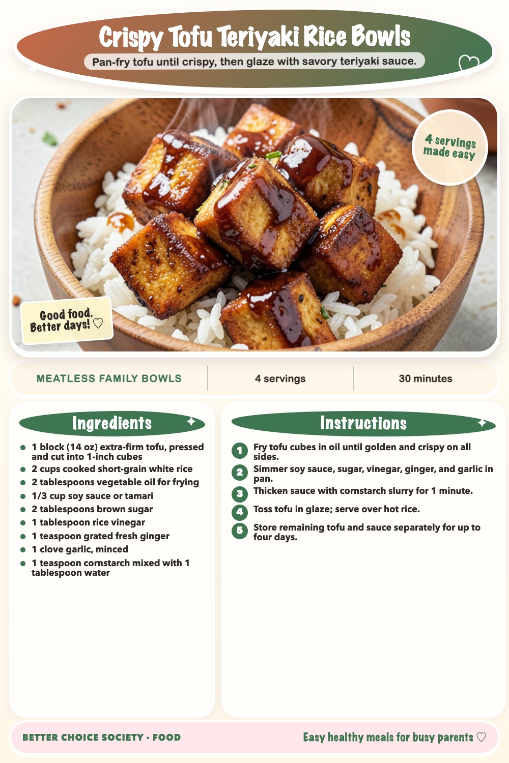 Complete recipe card for Crispy Tofu Teriyaki Rice Bowls, including ingredients and steps