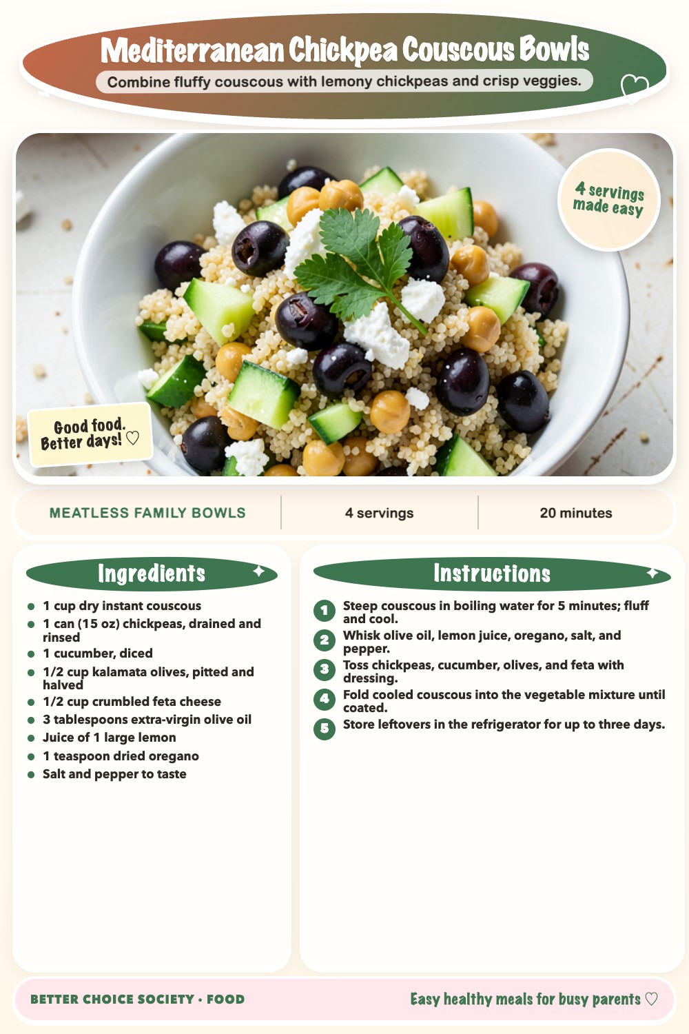 Complete recipe card for Mediterranean Chickpea Couscous Bowls, including ingredients and steps