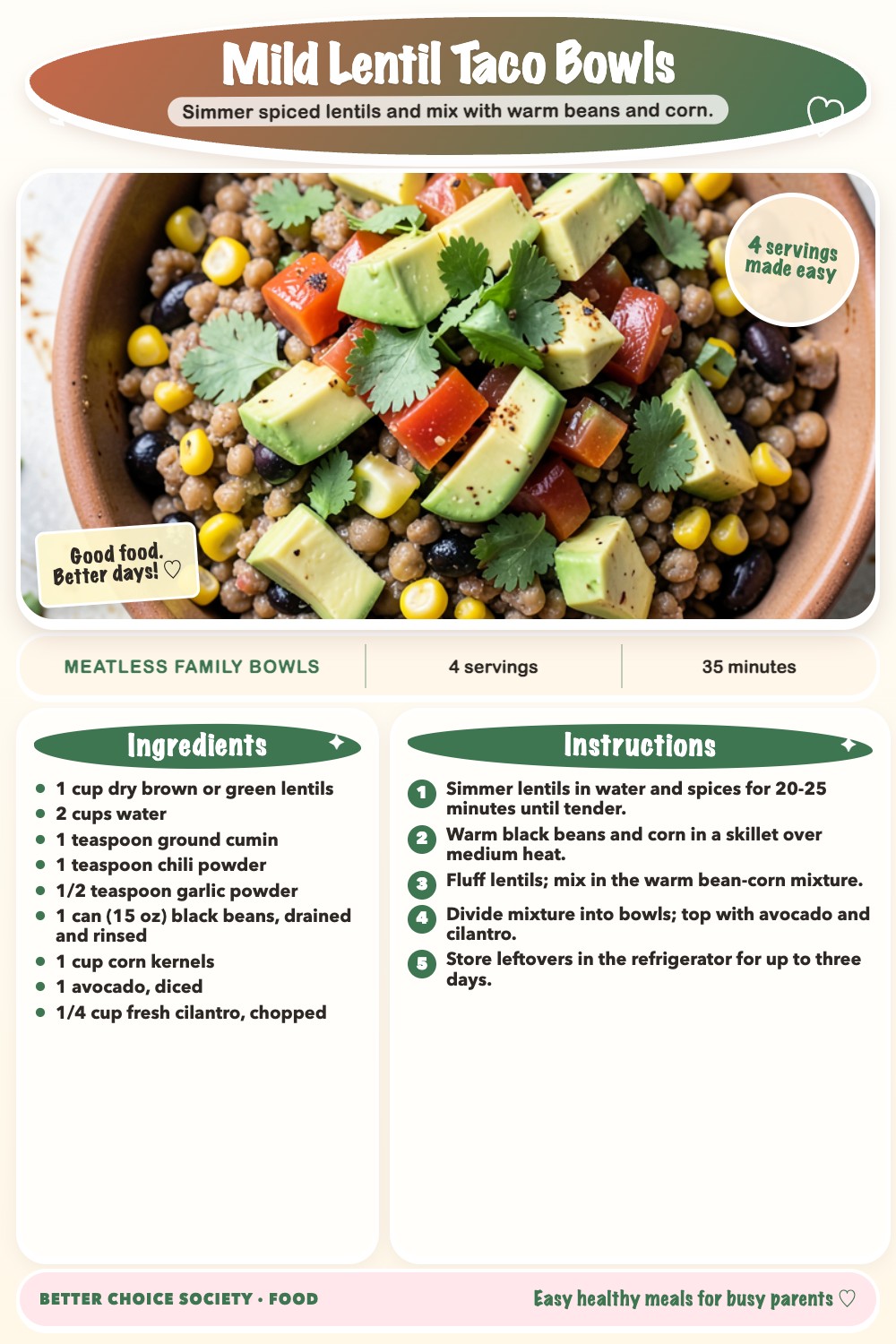 Complete recipe card for Mild Lentil Taco Bowls, including ingredients and steps