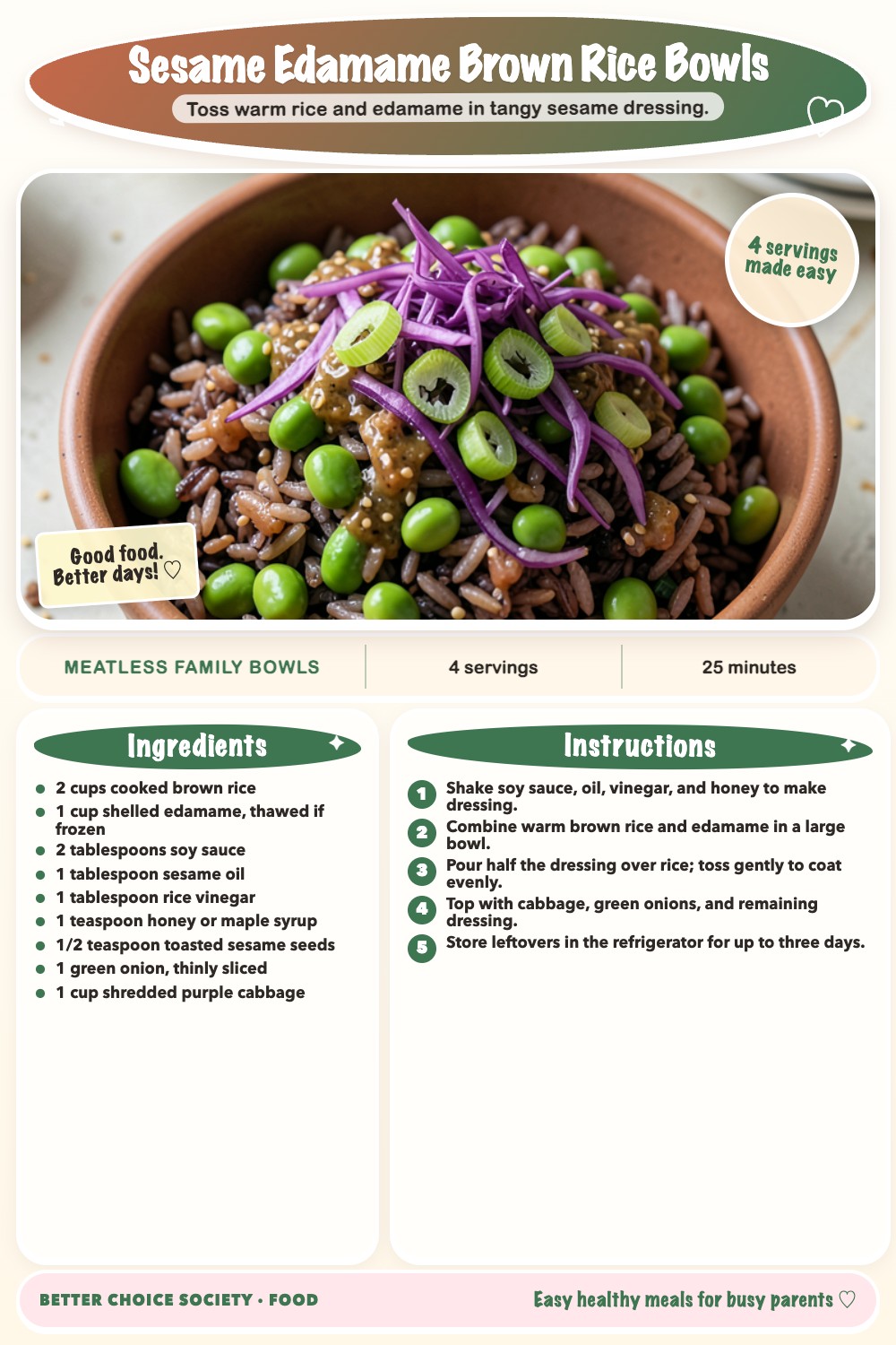 Complete recipe card for Sesame Edamame Brown Rice Bowls, including ingredients and steps