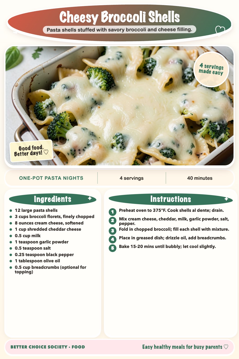 Complete recipe card for Cheesy Broccoli Shells, including ingredients and steps