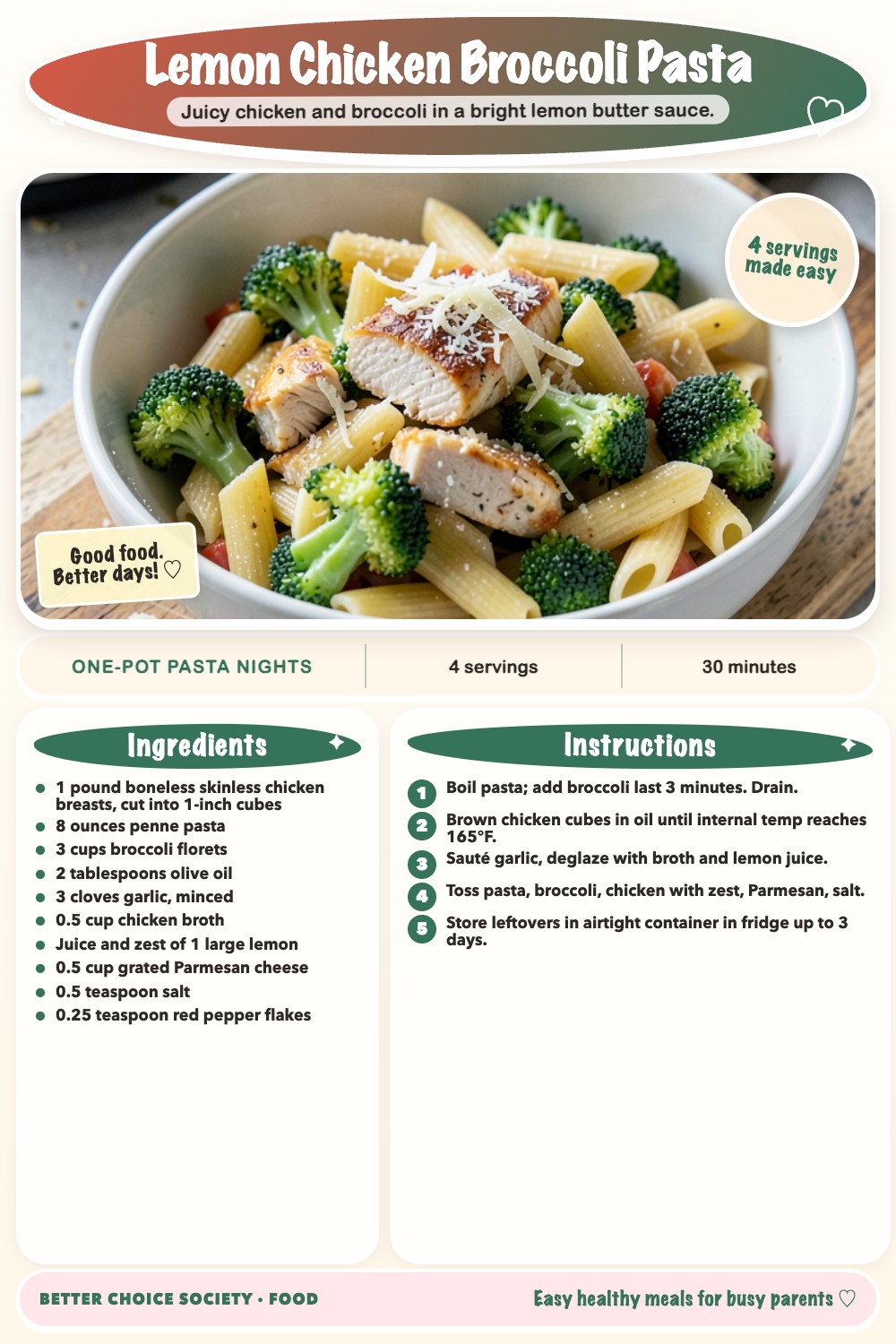 Complete recipe card for Lemon Chicken Broccoli Pasta, including ingredients and steps
