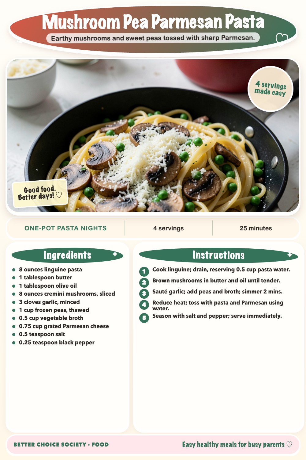 Complete recipe card for Mushroom Pea Parmesan Pasta, including ingredients and steps