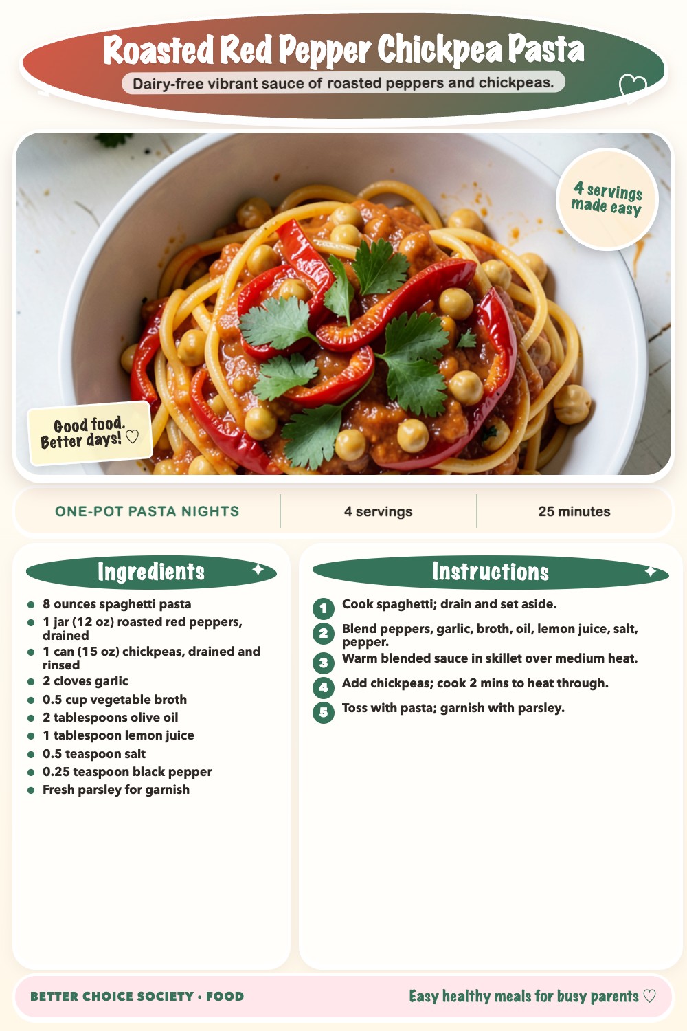 Complete recipe card for Roasted Red Pepper Chickpea Pasta, including ingredients and steps