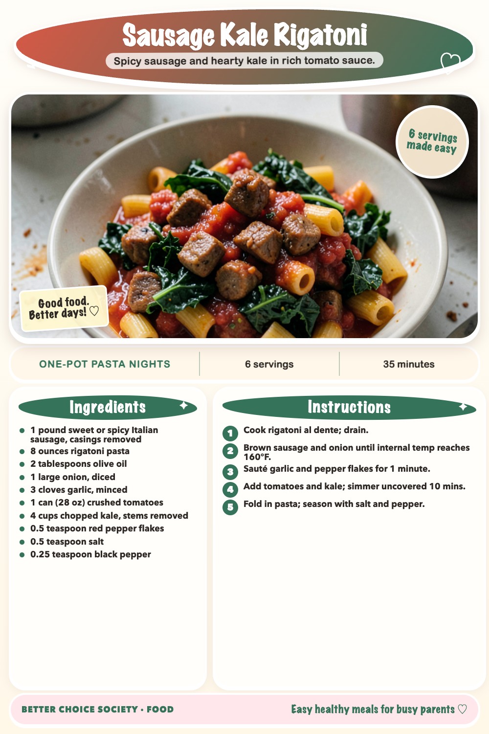 Complete recipe card for Sausage Kale Rigatoni, including ingredients and steps