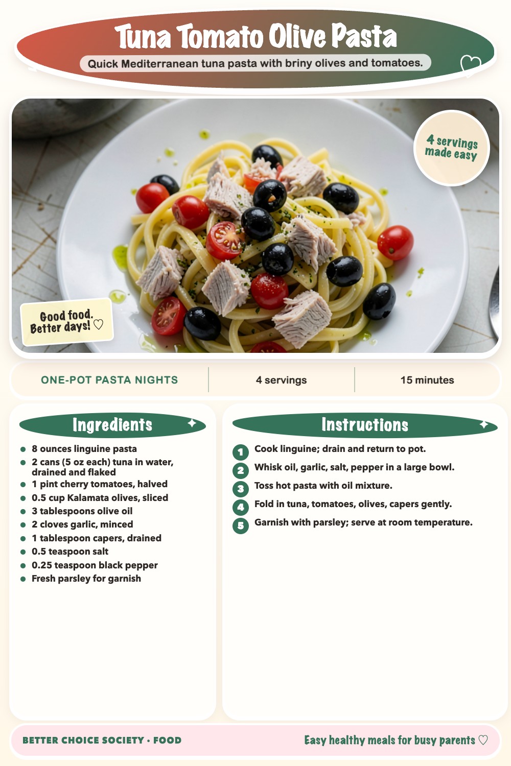 Complete recipe card for Tuna Tomato Olive Pasta, including ingredients and steps