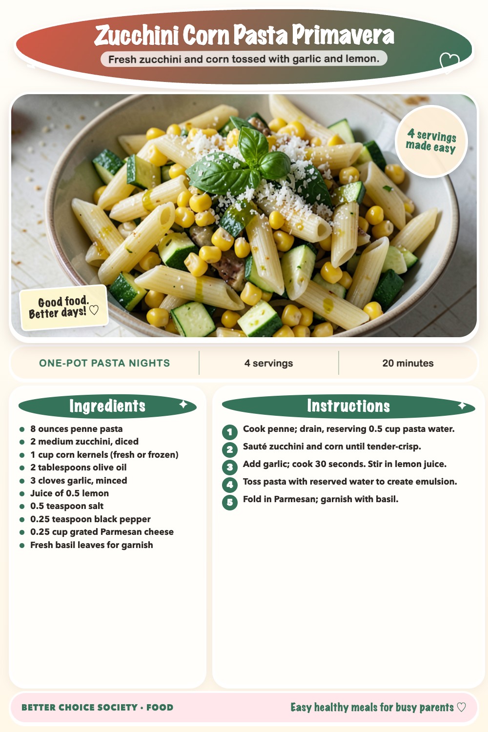 Complete recipe card for Zucchini Corn Pasta Primavera, including ingredients and steps
