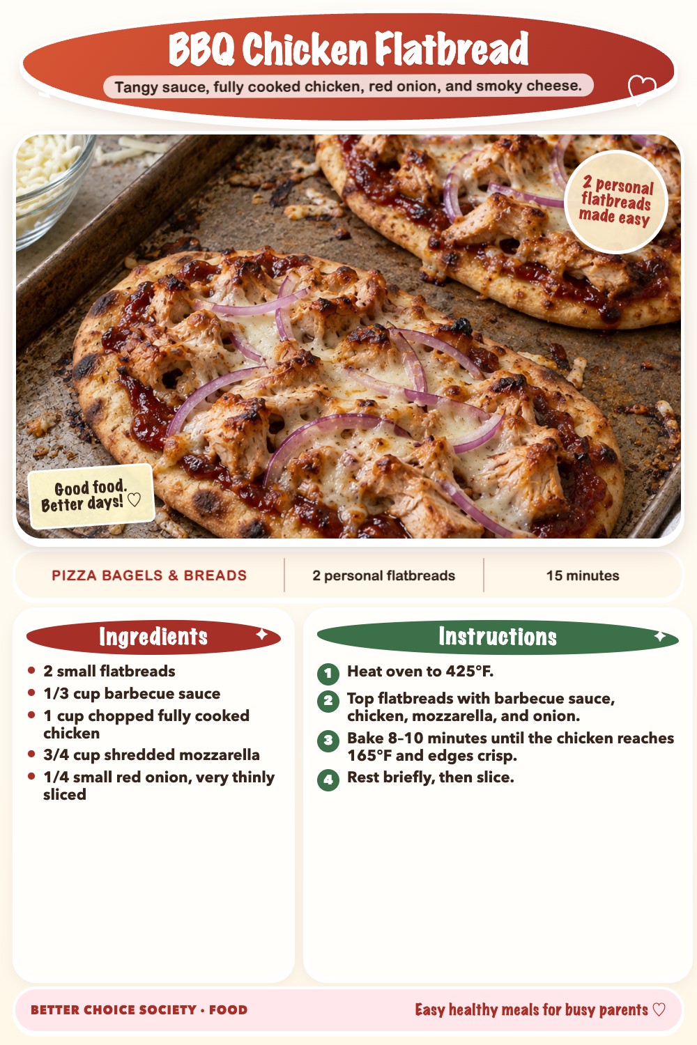 Complete recipe card for BBQ Chicken Flatbread, including ingredients and steps