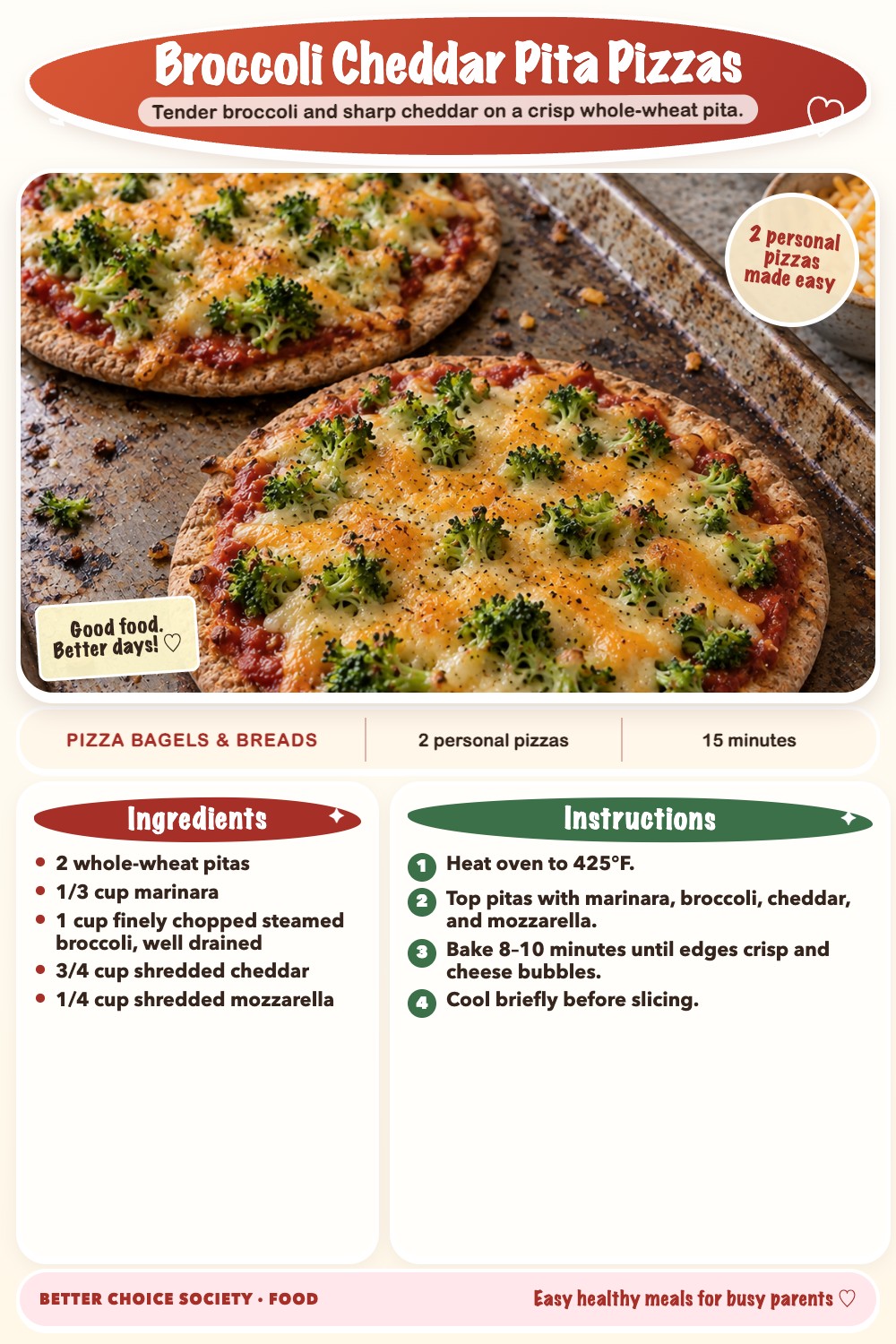Complete recipe card for Broccoli Cheddar Pita Pizzas, including ingredients and steps