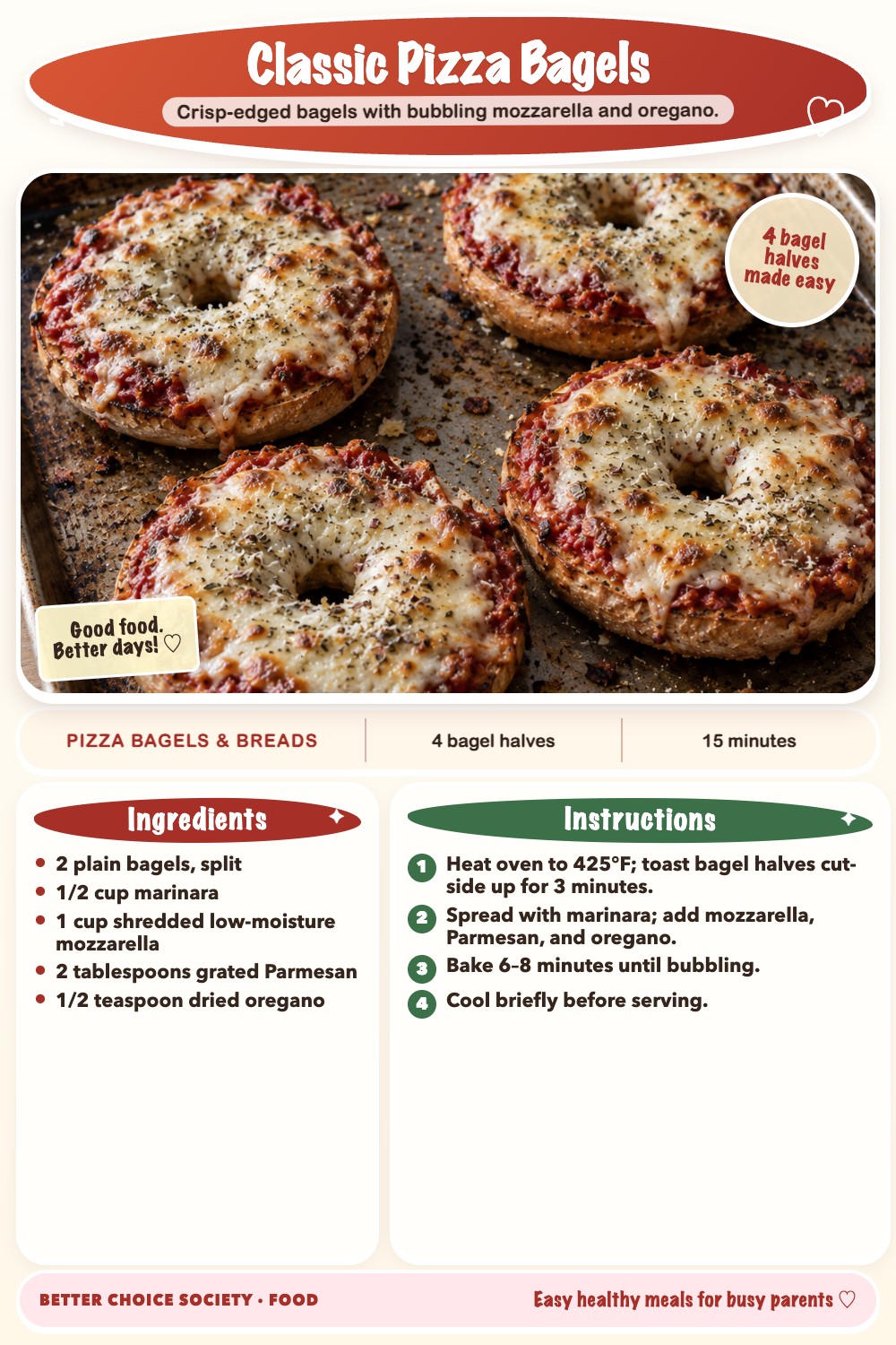 Complete recipe card for Classic Pizza Bagels, including ingredients and steps