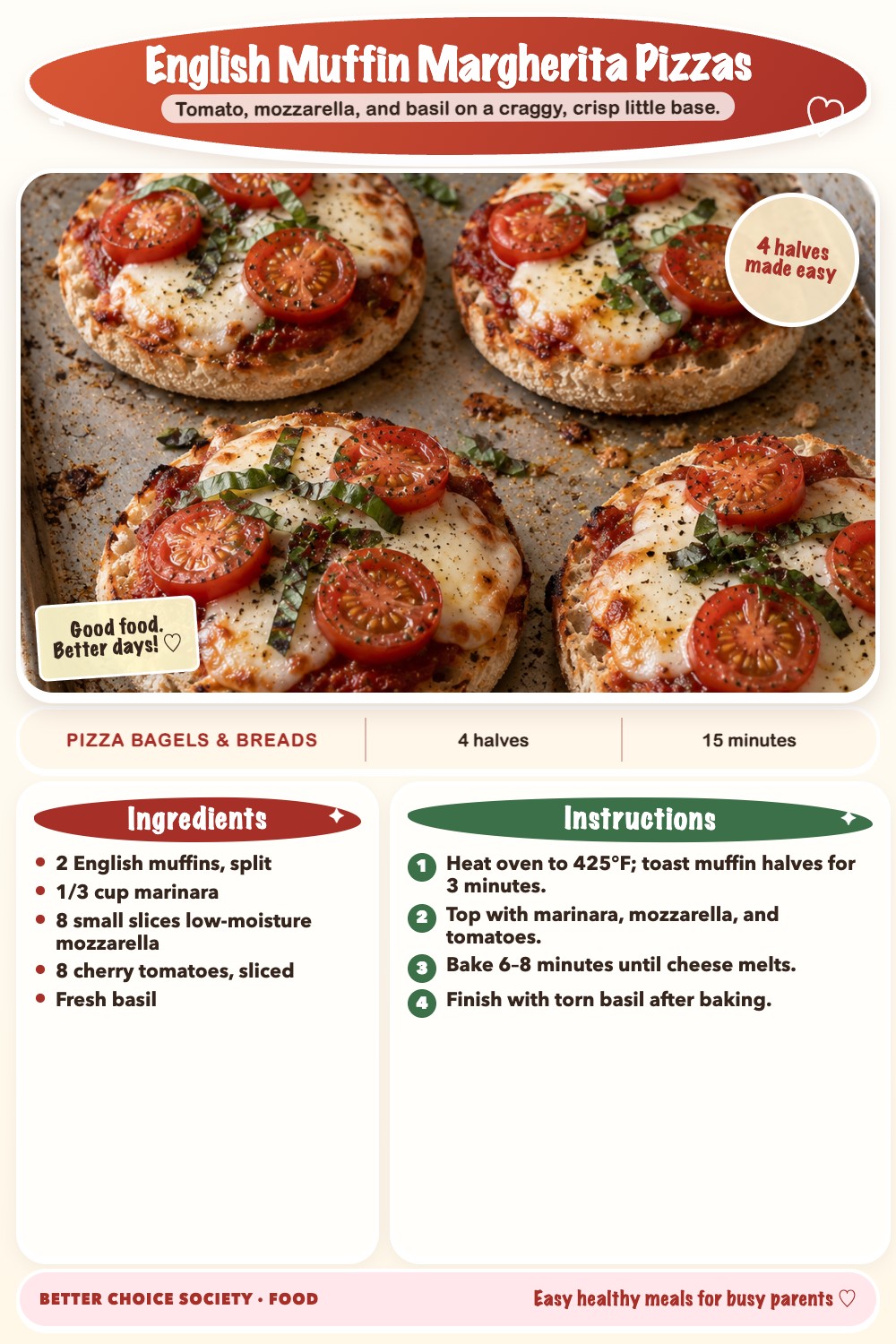 Complete recipe card for English Muffin Margherita Pizzas, including ingredients and steps