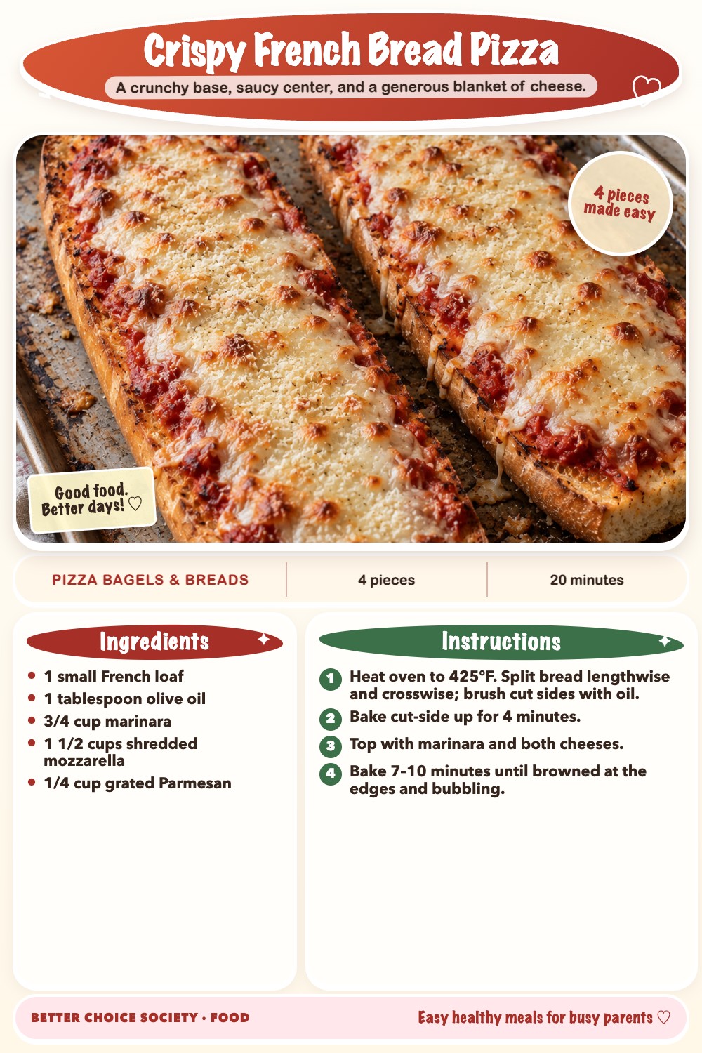 Complete recipe card for Crispy French Bread Pizza, including ingredients and steps