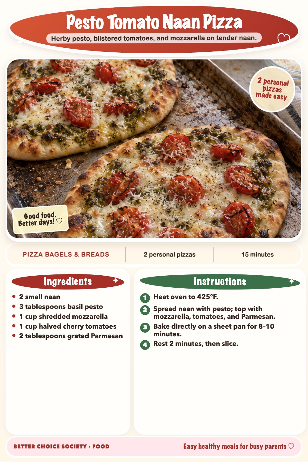Complete recipe card for Pesto Tomato Naan Pizza, including ingredients and steps