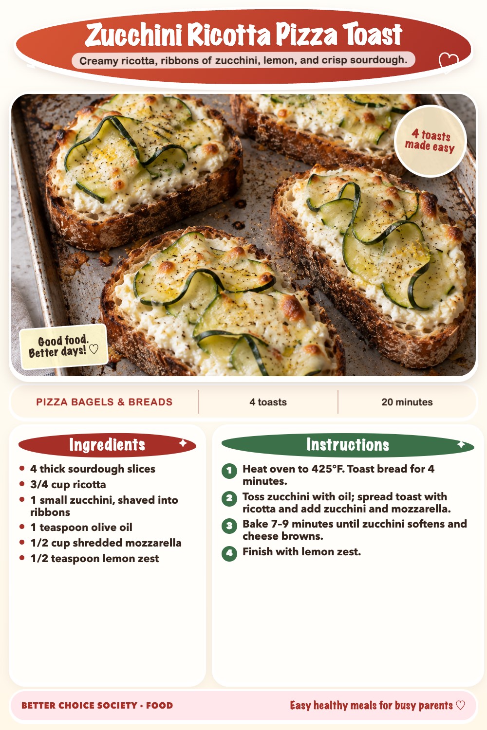 Complete recipe card for Zucchini Ricotta Pizza Toast, including ingredients and steps