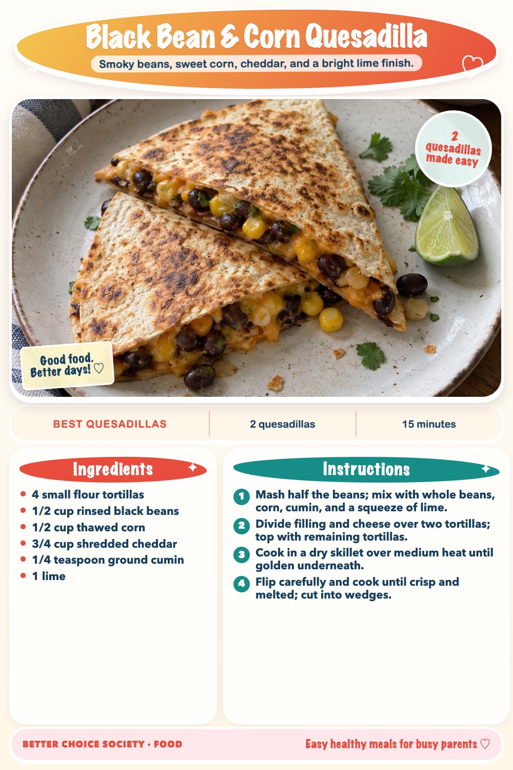 Complete recipe card for Black Bean & Corn Quesadilla, including ingredients and steps