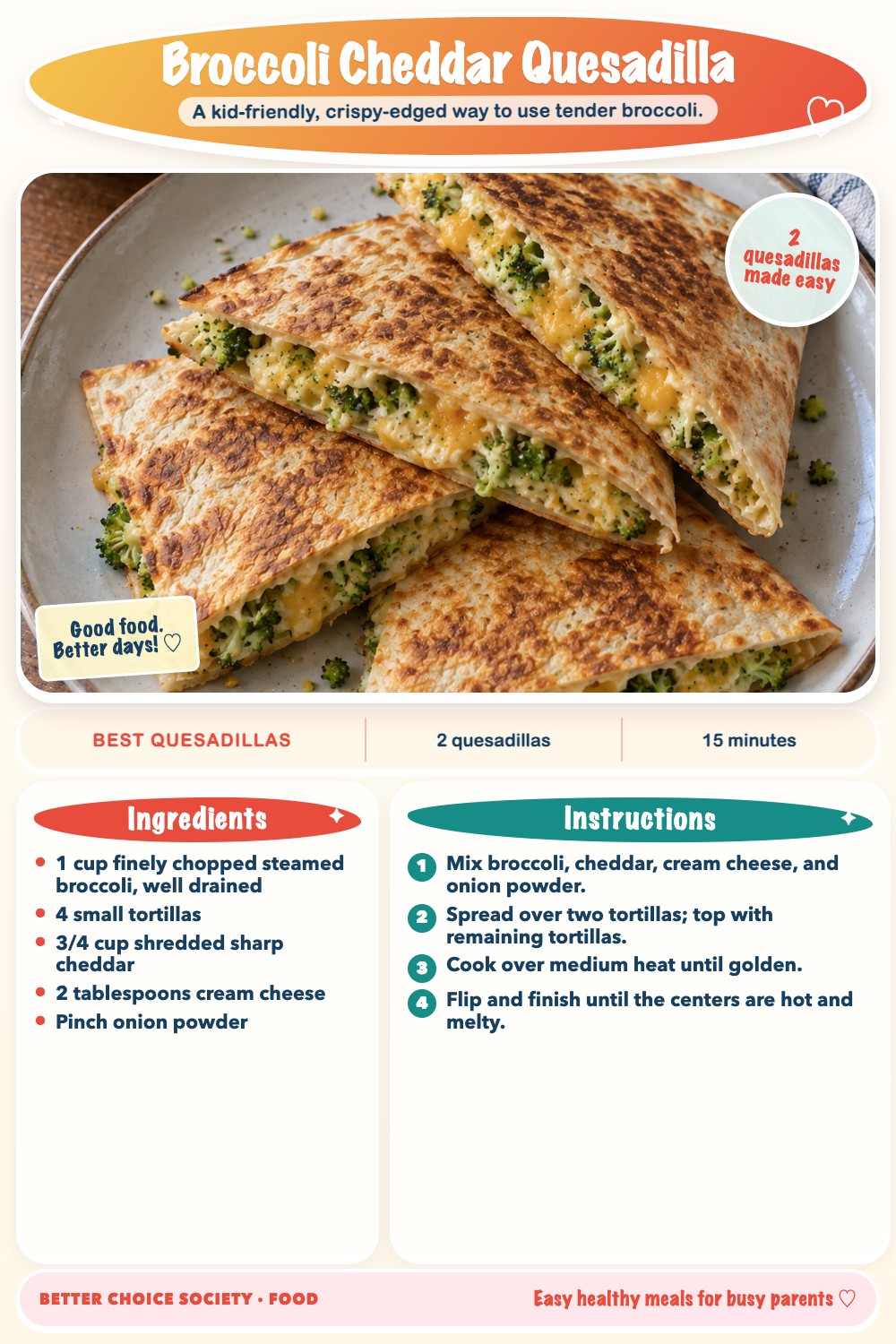 Complete recipe card for Broccoli Cheddar Quesadilla, including ingredients and steps