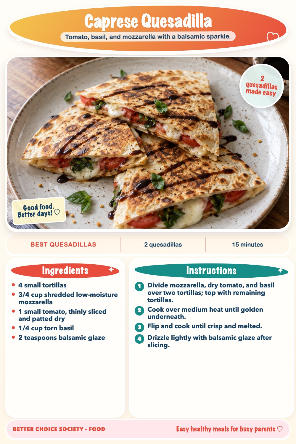 Complete recipe card for Caprese Quesadilla, including ingredients and steps