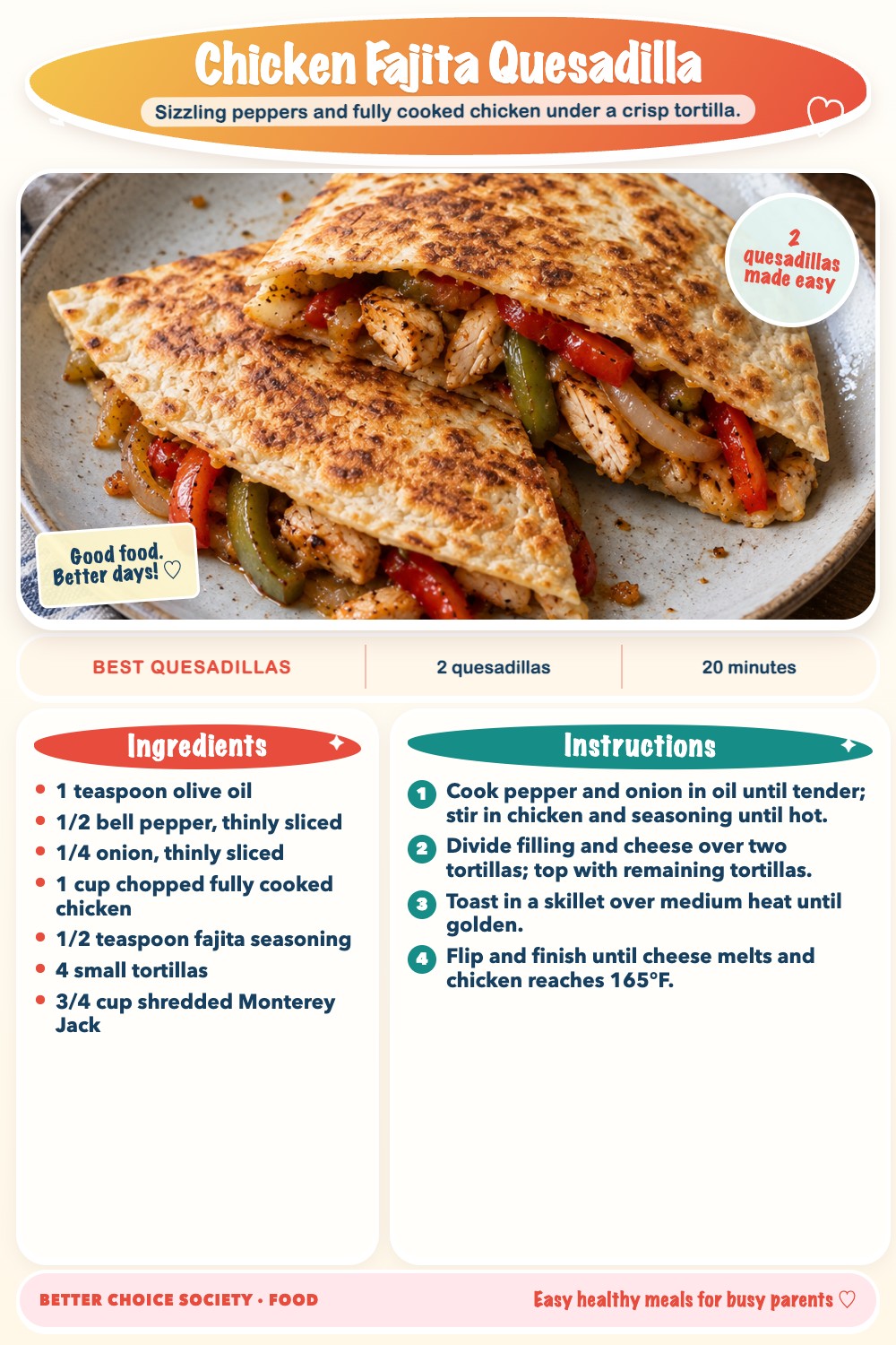 Complete recipe card for Chicken Fajita Quesadilla, including ingredients and steps