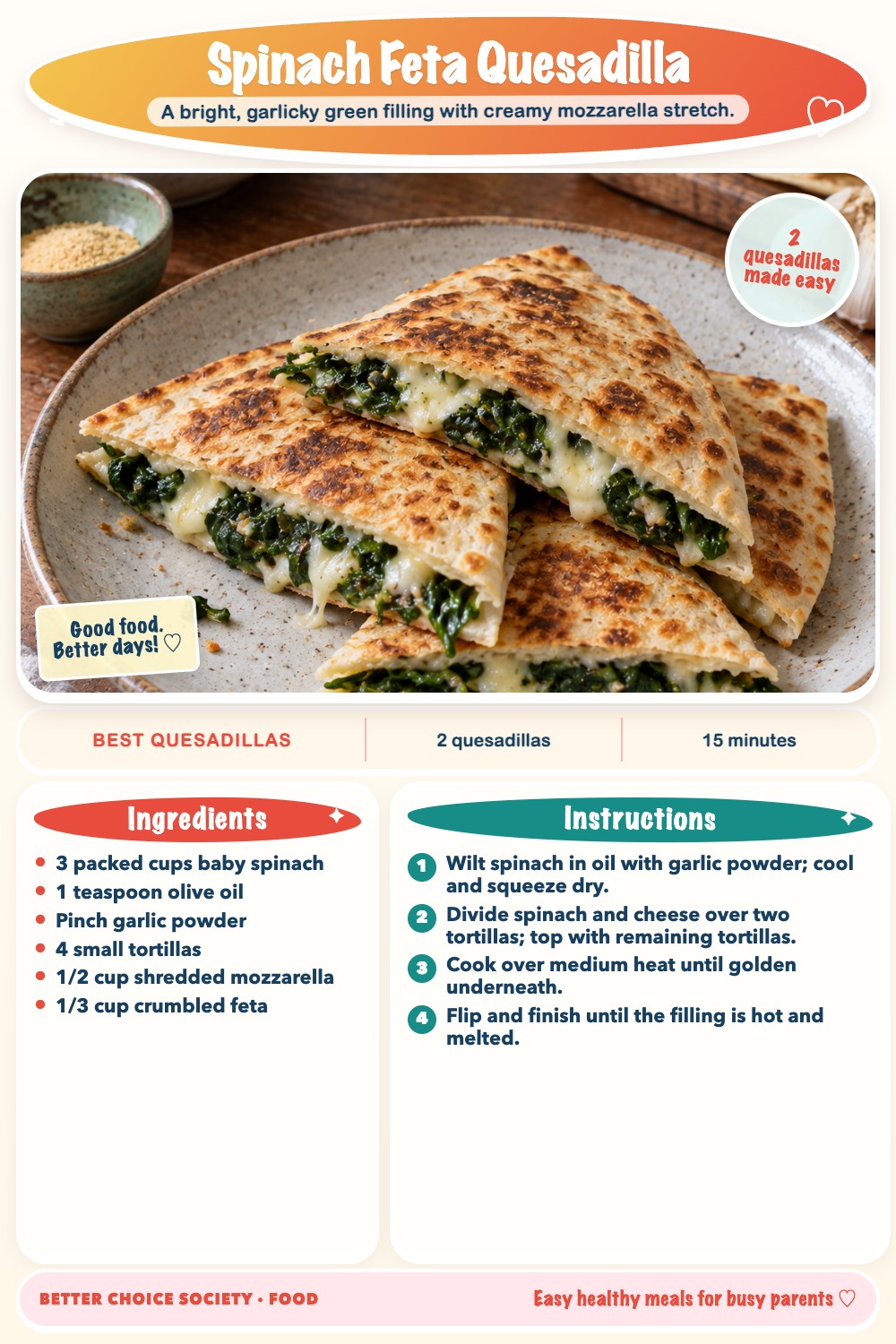 Complete recipe card for Spinach Feta Quesadilla, including ingredients and steps