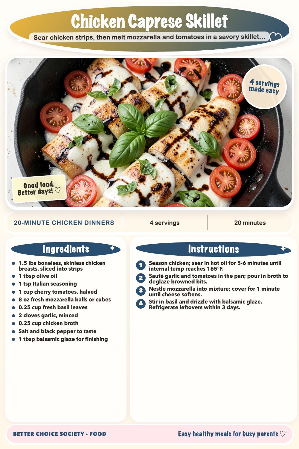 Complete recipe card for Chicken Caprese Skillet, including ingredients and steps