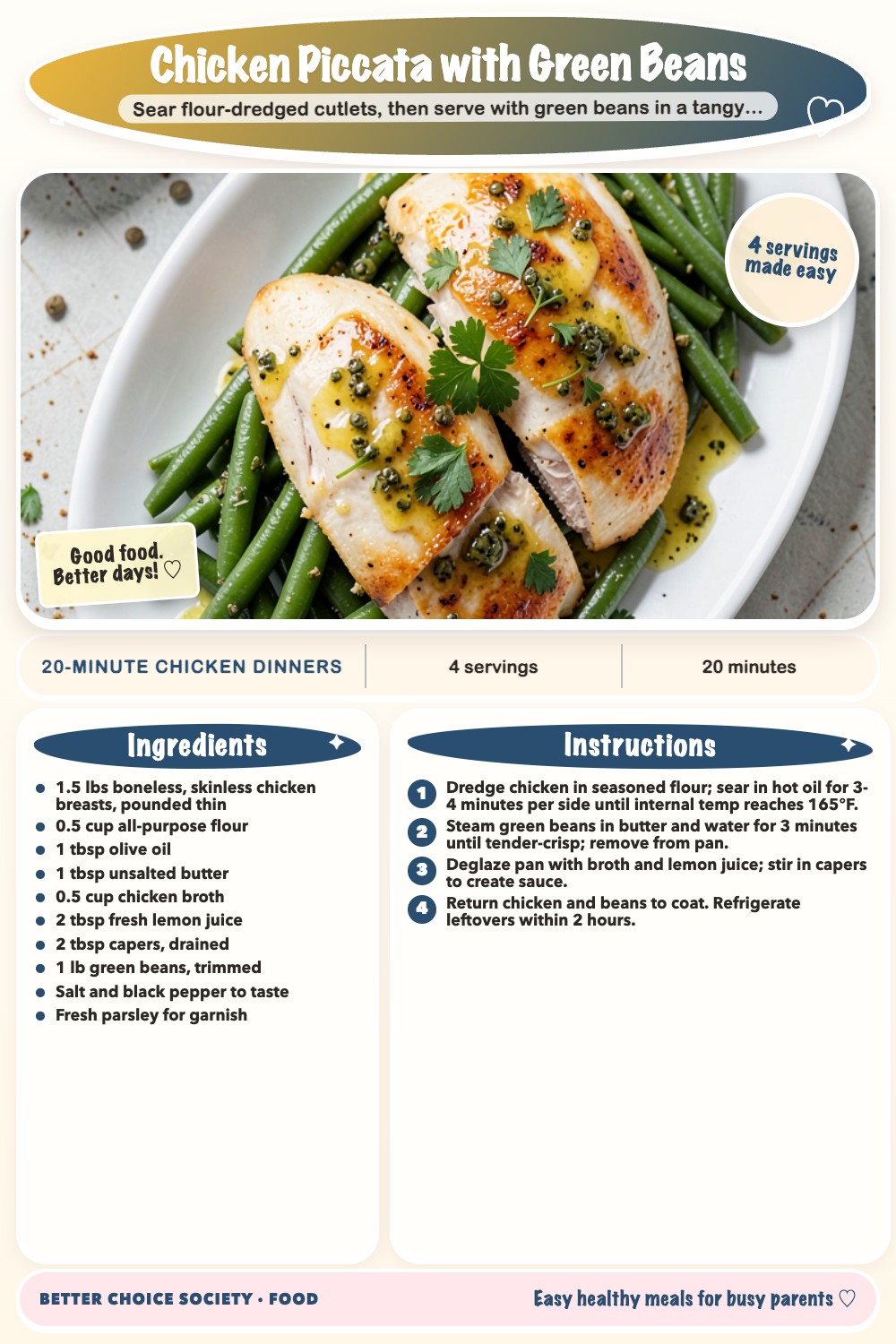 Complete recipe card for Chicken Piccata with Green Beans, including ingredients and steps