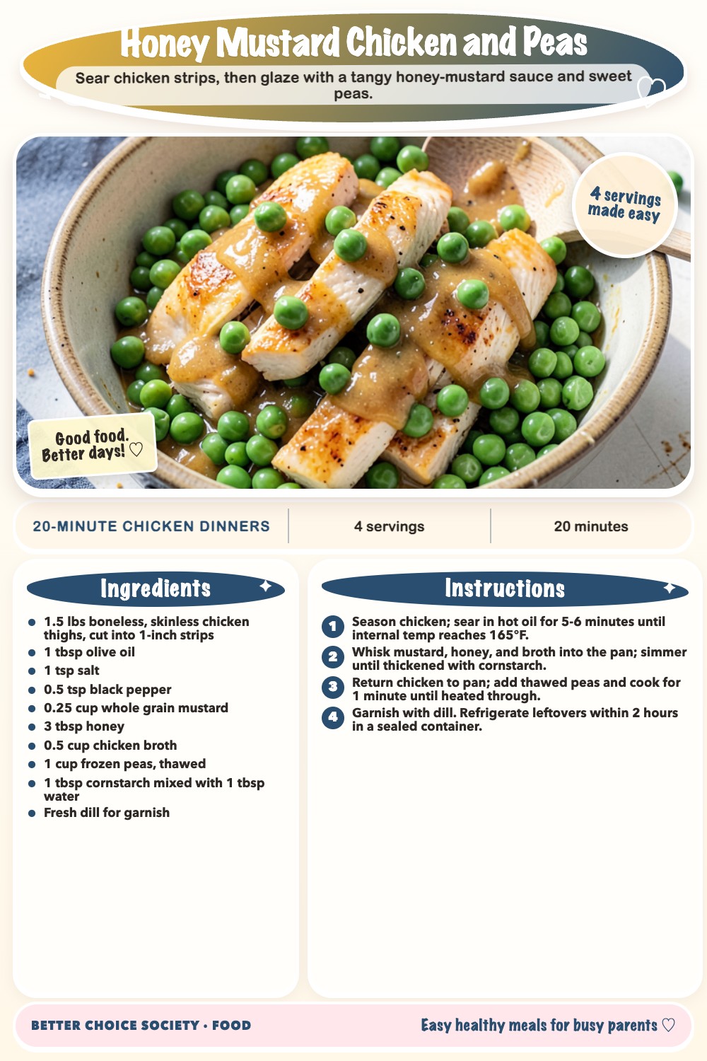 Complete recipe card for Honey Mustard Chicken and Peas, including ingredients and steps